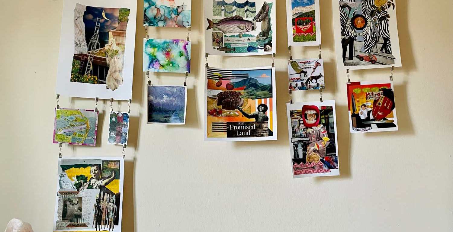 Hanging collages by Diana Zahuranec